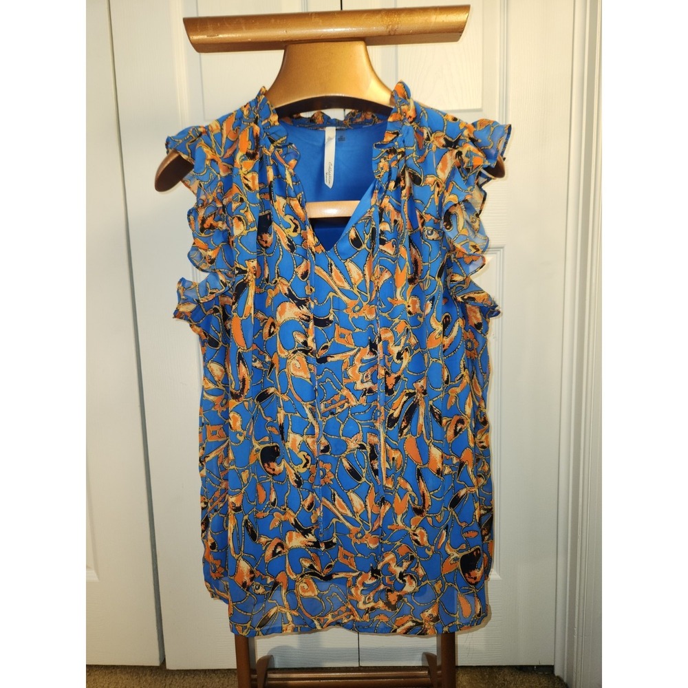 NY Collection Ruffled Sleeve Blouse With Tie Neck Blue/Yellow Floral  Size 2X